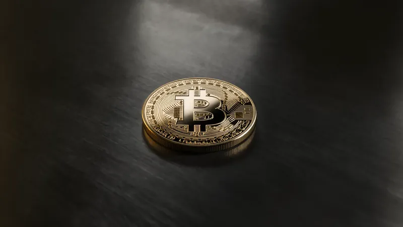 Illustration of a golden bitcoin coin cut in half above a grid of blocks and figures