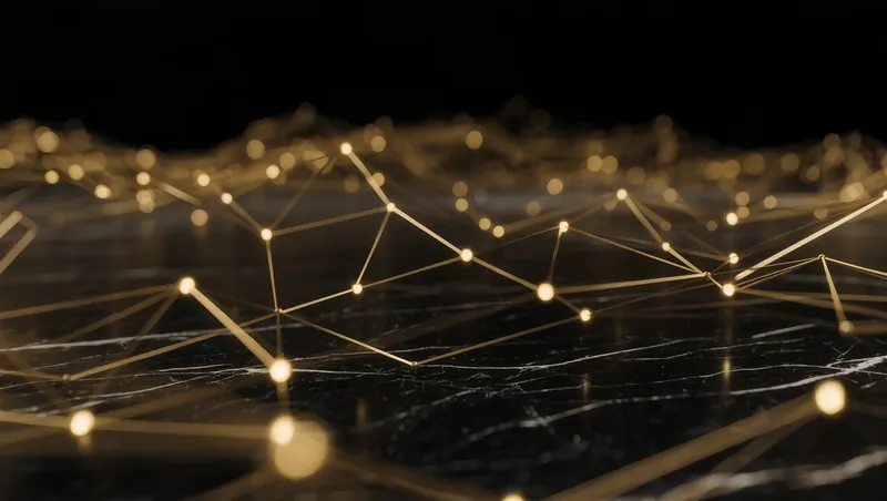 Illustration of a blue glowing network of nodes and connecting lines against a dark background