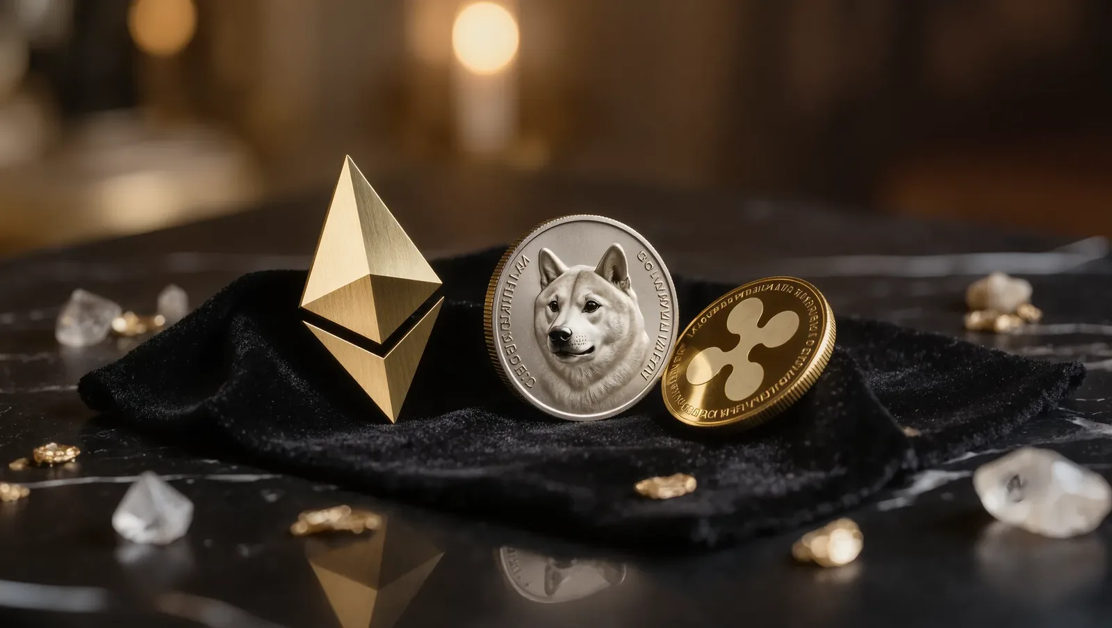 Illustration showing several crypto coins, an Ethereum coin in front on a dark background