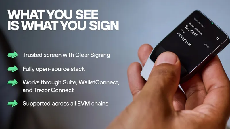 Trezor press image: a hand holds a Trezor Safe with Clear Signing, the screen shows amount and network of a transaction
