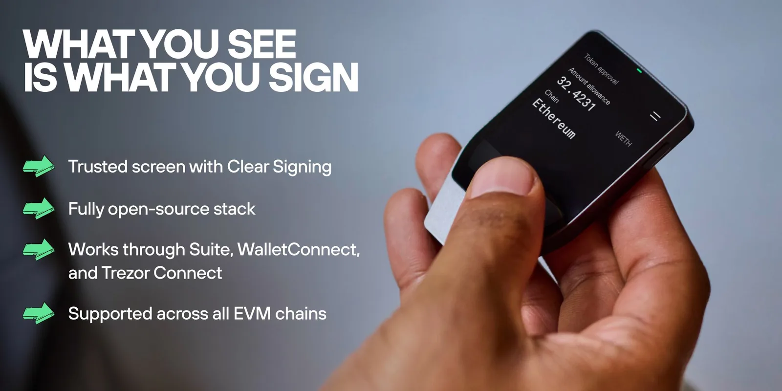 Trezor press image: a hand holds a Trezor Safe with Clear Signing, the screen shows amount and network of a transaction